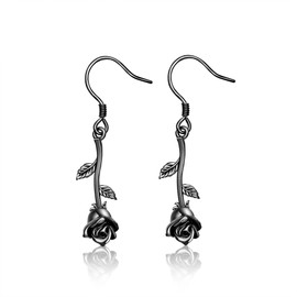 Black Rose Earrings Sterling Silver Rose Flower Dangle Drop Earrings Gothic Wedding Jewelry for Women Girls, Sterling Silver, No Gemstone