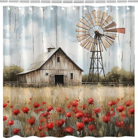 Rustic Farmhouse Windmill Shower Curtain Vintage Western Farm Barn Red Flowers Meadow Teal Wooden Plank American Country Oil Painting Landscape Bathroom Decor Fabric Curtain with Hooks 70X70Inch