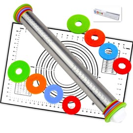 Rolling Pin nonstick and Silicone Baking Pastry Mat combo kit, Adjustable Rolling Pin With Thickness Rings, Rolling Pin for Baking Fondant, Pizza, Pie, Pastry, Pasta, Dough, Cookies (black)