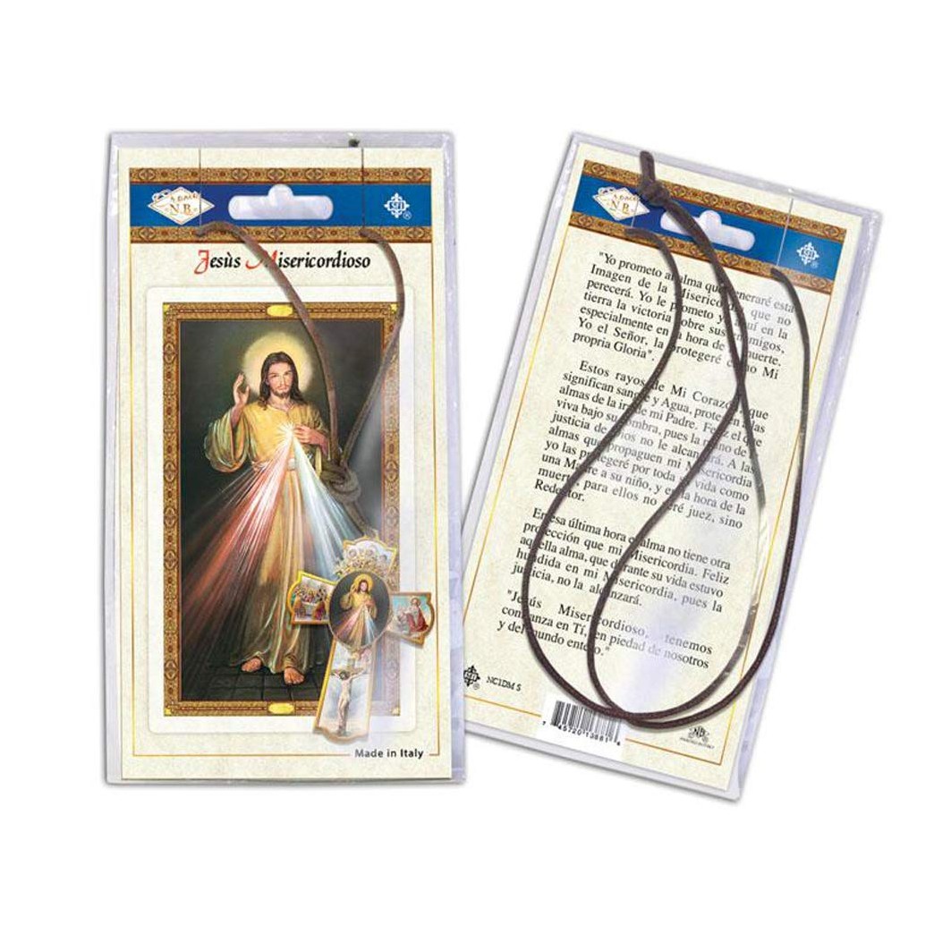 Italian Divine Mercy Wood Cross Necklace with Laminate Prayer Card Set Divina Misericordia Tarjeta Oracion (Spanish)