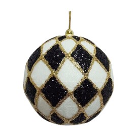 Glitter Ball Ornament, 4 inch, Harlequin Pattern in Black and Gold