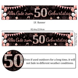 50th Birthday Banner Rose Gold Black Women - Happy Birthday Decoration Background 50 Years, XXL 40 × 210 cm Polyester Fabric Party Banner for 50 Woman Birthday Decoration