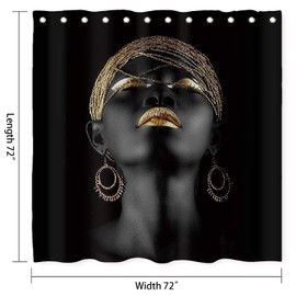 NTETSN Black Afro Girl Shower Curtain, Black Girl Golden Lips Decor Set with 12 Hooks 72 X 72 in Washable Polyester Fabric, Bathroom Accessories, LHNT406-72