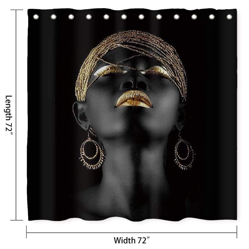 NTETSN Black Afro Girl Shower Curtain, Black Girl Golden Lips