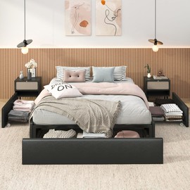 SHA CERLIN Modern Full Platform Bed Frame with 3 Storage Drawers/Wing Side Panel Design/Faux Leather Upholstered/Mattress Foundation/Noise Free/Easy Assembly/Black