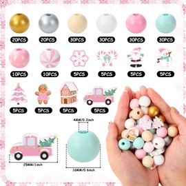 Whaline 220Pcs Christmas Wooden Beads 16 Styles Pink Xmas Pattern Decorative Wood Beads Multi-Color Round Loose Beads for Tried Tray Winter Farmhouse Decor DIY Crafts