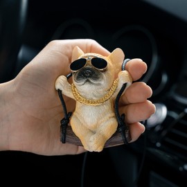 Floruit French Bulldog Car Mirror Hanging Accessories Cute Swinging Dog Rear View Mirror Accessories for Men & Women (Yellow)