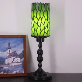 Small Tiffany Table Lamp Stained Glass Candlestick Style Table Light Green Liasion Style Desk Lamp Memory Lamp Sympathy Light (Green Wisteria Leaves Style)
