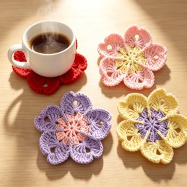 Crochet Flower Coasters for Drinks, 4 Pack Cute Cup Mats Decor