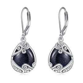 Moonstone Earrings for Women 925 Sterling Silver Filigree Moonstone Drop Earrings Leverback Jewellery Gifts, Sterling Silver, Blue Sandstone