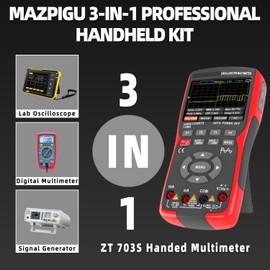 Mazpigu ZT-703S 3-in-1 Handheld Digital Oscilloscope(50MHz 280MSa/s 128Kpts),TRMS 25000-Count Multimeter(CAT III 600V),Signal Generator(5MHz Sine/Sqr/Ramp),3.5" LCD,3400mAh for Electronics/Education