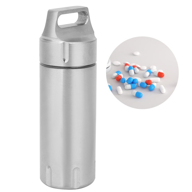 Portable Waterproof Stainless Steel Pills Case Container Bottle Keychain for