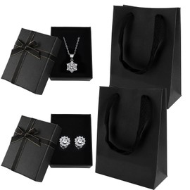 YFPOPONE 2Pcs Small Jewelry Boxes with 2 Gift Bag, 9x7x3cm Mini Gift Box with Bow for Earring Necklace Fixing，Jewelry Container Soft Velvet Small Box with Lid for Birthday, Wedding, Present (Black)