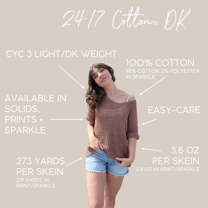 Lion Brand Yarn 24/7 Cotton DK Sparkle, Yarn for Knitting,