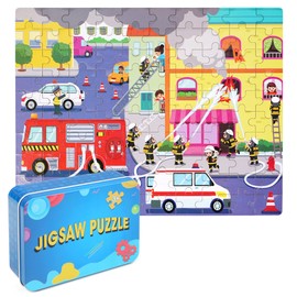 LELEMON 100 Pieces Jigsaw Puzzles in a Metal Box for Kids Age for 4-8 Boys Girls Toy Puzzles Fire Truck Ambulance Police Car Fireman Children Learning Educational Puzzles Toys