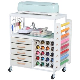 LUCKUP Organization and Storage Craft Table for Cricut Machines, Rolling Cart Cabinet with 28 Vinyl Roll Holders and 5 Drawers, Heat Press Stand Crafting Storage Cart with Hooks