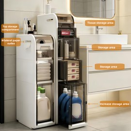 JLFMYD 7.1in Wide Slim Bathroom Storage Cabinet, No Installation Narrow Drawer Storage Organizer, Freestanding Waterproof Cabinet for Small Spaces, Bathroom, Kitchen, Laundry Room, Corner(4-Tiers)