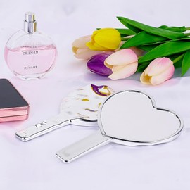 BUNCHBRAVO Espejo de mano en forma de corazón para comprobar la parte posterior del cabello, acabado brillante plateado, espejo de cambiador compacto de mano para maquillaje, color plateado