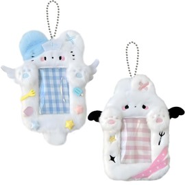 2 Pieces Kitten & Rabbit Plush Badge Holders with Wings | Photocard Display Case | Protective Sleeves for Bus, ID, and Student Cards | Cartoon Animal Design with Clear Window