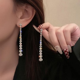 Inateannal Long Rhinestone Earring for Women Long Chain Dangle Earrings Sparkly Crystal Linear Earrings Tassel Statement Earrings Wedding Bridal Jewelry