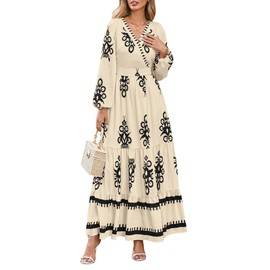 PRETTYGARDEN Women's 2025 Fall Wedding Guest Dresses Boho Floral Long Sleeve V Neck Flowy Elegant Maxi Dress Beach Clothes (Floral Apricot Black,Medium)