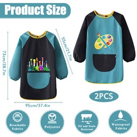 Funmo Children's Craft Smocks, Pack of 2, Waterproof Aprons for Kids Age 6-12, Art Smock with Pocket, Green, Unisex