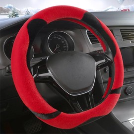 WJMZ Fluffy Steering Wheel Cover D Shape, Cute Fuzzy Steering Wheel Cover Soft Universal 15 inch, Red