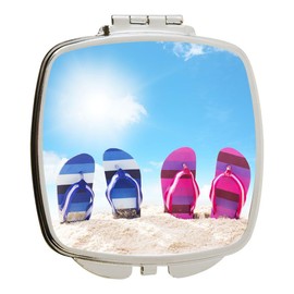 Island Gifting - 4 Inch Ceramic Tile Art - His and Hers Striped Flip-Flops in Sand Pink and Blue - Square Compact Mirror - Travel Mirror, Hisandhersst