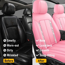 yotruth Pink Bling Front Seat Covers | Cute Girly Faux Leather Seat Covers for Women | Universal Fit for Most Cars