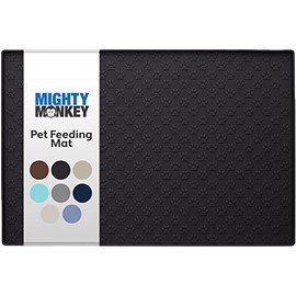 MIGHTY MONKEY Silicone Pet Feeding Mat, Waterproof Placemat for Dog and Cat Bowls, Raised Edges, Prevent Water Spills and Food Messes on Floor, Paw Print Tray Mats, Dishwasher Safe, 18x12, Black