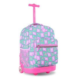 J World New York Sunrise Kids Rolling Backpack for Girls Boys Teen. Roller Bookbag with Wheels, Puffy Flower, 18"