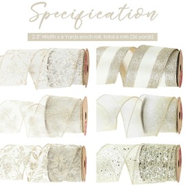 AIMUDI Champagne Gold Christmas Ribbon Wired 2.5" Gold Glitter Wired Ribbon for Tree Garland, Wreaths, Gift Wrapping, Crafts, Topper Bow, Holiday Decoration - 6 Rolls, 36 Yards