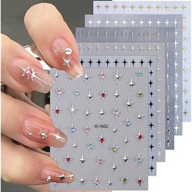6 Sheets Star Nail Stickers for Nail Art, 3D Glitter Shiny Gold Silver White Black Stars Nail Art Design Decals Self-Adhesive Star Stickers DIY Nail Decals Nail Tips for Manicure Decoration Supplies