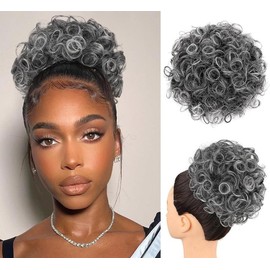 Large Curly Messy Bun Drawstring Ponytail for Women Clips in Hair Extension, Short Synthetic Salt and Pepper Hair Bun Extensions Curly Messy Updo Hair Piece for Women Daily Use (T1B/1001, 25CM)