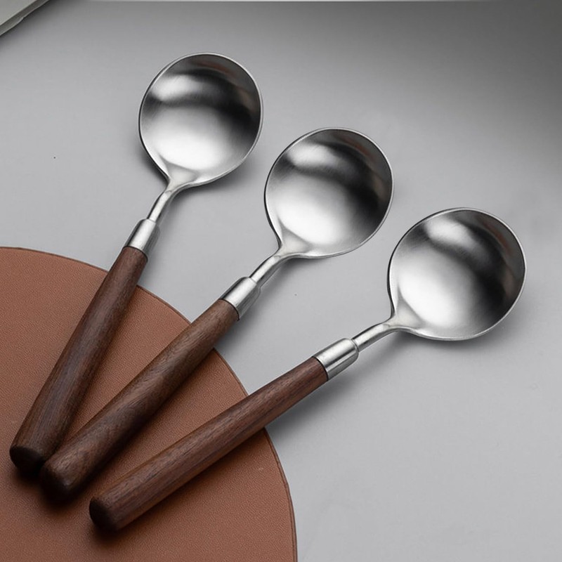 Ouliget Retro Wooden Handle Spoon,Matte Stainless Steel Serving Tablespoons,Wooden DinnerSpoon,Matte