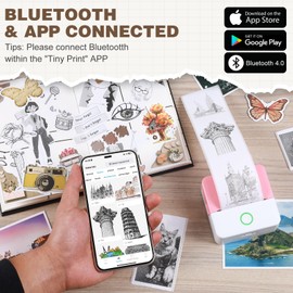 cudinham Print Pods Mini Printer, Thermal Inkless Sticker Maker with 10 Rolls Printing Paper, Pocket Printpod for Phone, Impresora Portátil for Notes, DIY, Compatible with iOS & Android (Pink)