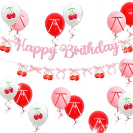 Cherry Birthday Backdrop Banner She's The Cherry on Top Balloons Cherries Theme Bow Decorations Bow Party Decor Cherries Party Decor Birthday Props