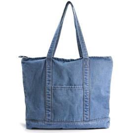 Hoxis Light Weight Soft Denim Tote Unisex Shopper Shoulder Handbag, Blue, M