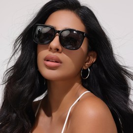 TJUTR Women's Polarised Sunglasses Retro Square Frame Chic Stylish Sunglasses Women's Sunglasses with UV Protection for Driving Travel, A Black/Grey