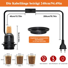 E27 Lamp Holder for Bottles, Socket with 240 cm Cable and Switch, Black Bottle Adapter Lamp with 3 Cork, DIY Bottle Lamp Attachment for Table Lamp, Bottle Light for Various Bottles