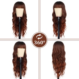 Wallden Hair Auburn Wigs with Bangs for Women Long Curly Wavy Ombre Wigs Heat Resistant Synthetic Bangs Wig for Daily Party Use (Ombre Auburn, 26 Inches)