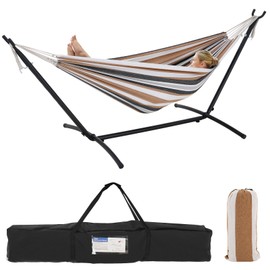 EVLIQUIL Double Hammock with Stand Included 450lb Capacity Space Saving Steel Stand,Premium Carry Bag Included,Suit for Outside,Indoor,Yard,Camping(Coffee).