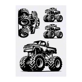 4 x 'Monster Truck' Temporary Tattoos - Water Resistant, Skin-Safe, Non-Toxic Transfers, Mixed Sizes (TO00074640)