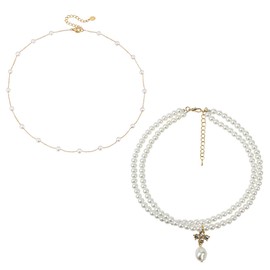 2 Tier Pearl Necklace and Gold Pearl Necklace Pearl Necklaces for Women Dainty Gold Choker Beach Necklaces Adjustable Summer Jewelry as Bride Bridesmaid Wedding Birthday Gifts (2PCS)