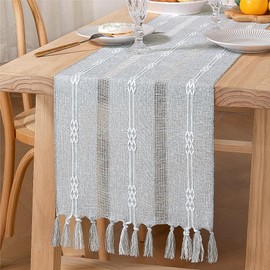 MLMW Gray Table Runner with Tassels Cotton Linen 48 Inches Long Boho Table Runner Farmhouse Small Short Coffee Table Runner