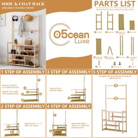 O5ceanLuxe Wood Shoe and Coat Rack,4 Tier Coat and Shoe Storage,Clothes Rack with Shelves,Garment Rack with 14 Hooks for Entryway Hallway Bedroom Living Room(35.4x11.4x64.2inch 4Tier)
