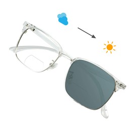 VisionGlobal Bifocal Reading Glasses, Photochromic Dark Grey Sunglasses for Men/DownWomen, Classic Retro Square Eyewear Reduce Fatigue (Clear, Up+0.50/Down+2.75 Magnification)