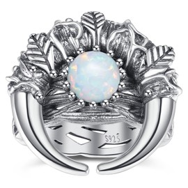 JIARUI Engagement Rings for Women White Opal Inlay 925 Sterling Silver Vintage Crescent Moon Ring with 7 * 7mm White Opal Vine Leaf Wedding Rings Fit Size 5