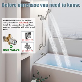 Aolemi Shower Faucet Set with Tub Spout Rain Shower Head System Shower Trim Kit Pressure Rough-in Valve Included ABS 8 Setting Dual Shower Head and Handheld Spray Brushed Nickel