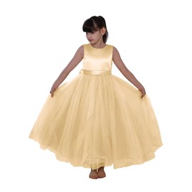 zikusel Tulle Wedding Flower Girl Dress Glitter Gold First Communion Dress Princess Pearl V-Back Floor-Length Birthday Party Gown 8-9 Years